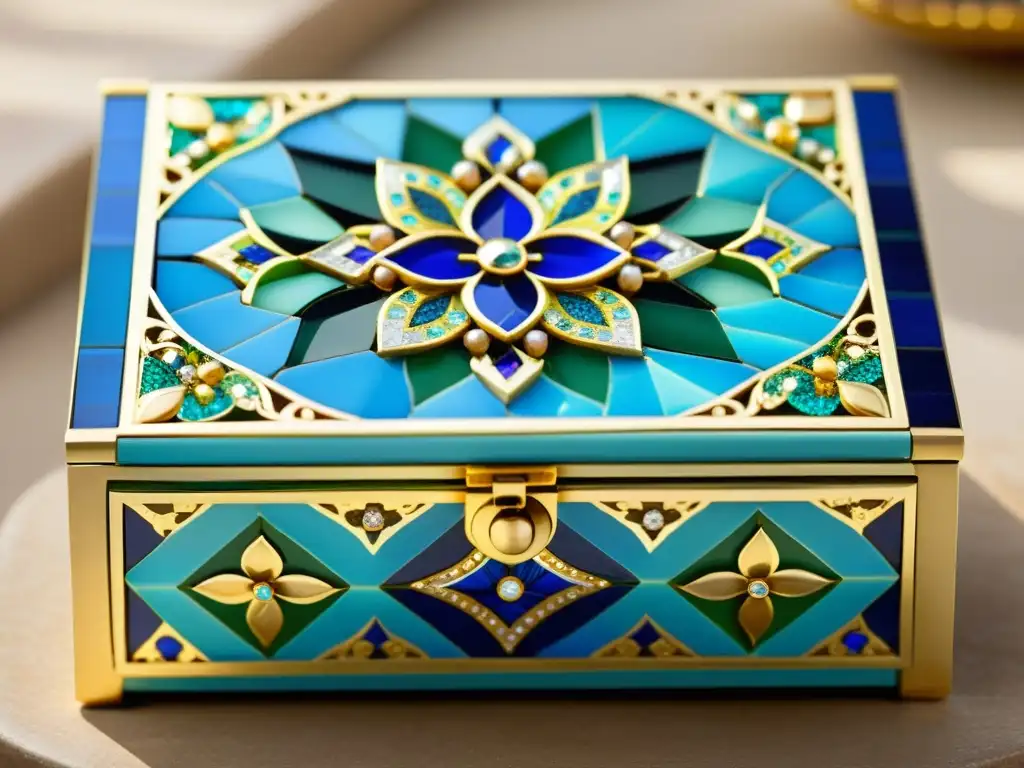 Detallada caja de joyería con mosaicos árabes en vibrantes tonos de azul, verde y dorado, evocando la opulencia de la joyería artística árabe