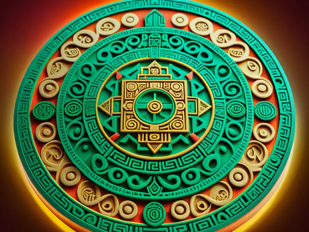 Detallada impresión 3D del calendario azteca, destacando motivos vibrantes y textura envejecida que evocan innovación histórica