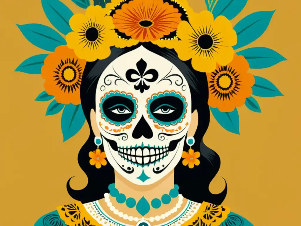 Una detallada ilustración vintage de La Catrina, rodeada de marigolds y papel picado, en el Día de Muertos