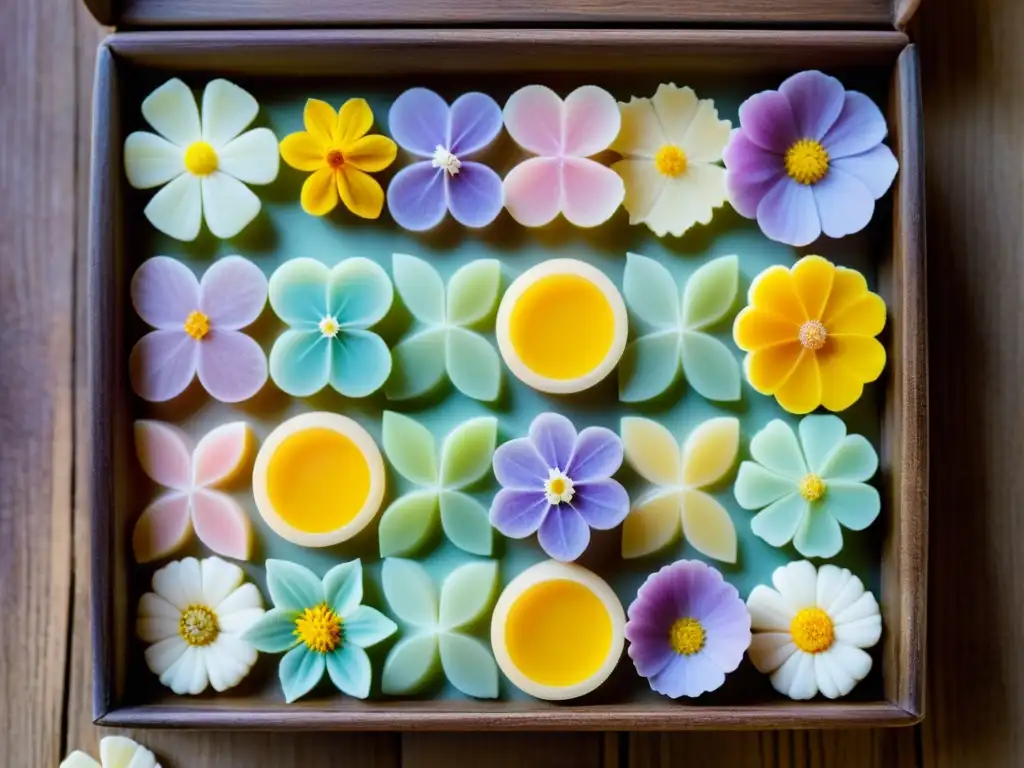 Detallada y delicada artesanía en un mosaico comestible en repostería europea, con flores y azulejos de azúcar en una mesa rústica