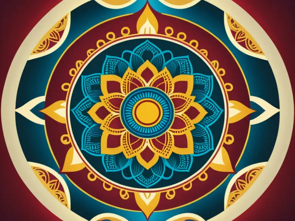 Detallada ilustración digital vintage de un mandala geométrico con patrones místicos recreados con herramientas digitales