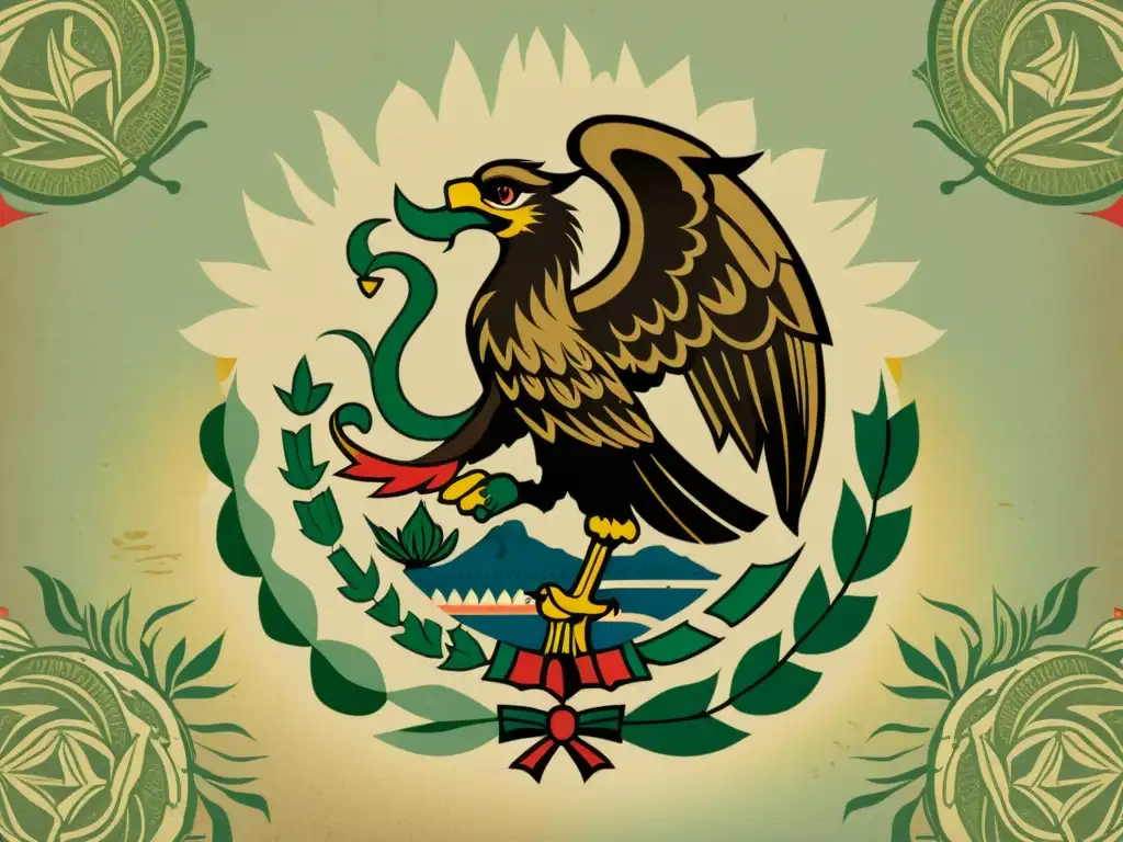 Detallada ilustración vintage del escudo mexicano con el águila, cactus y serpiente