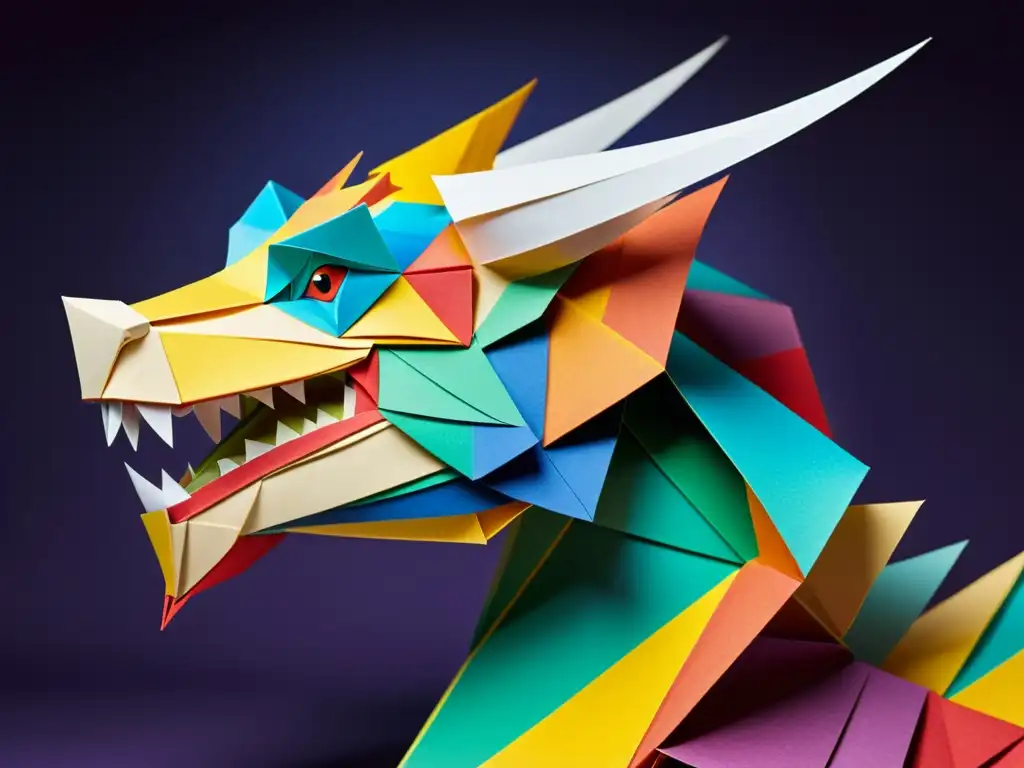 Detallada escultura de dragón en origami, reflejando innovación en papiroflexia y diseños con pliegues precisos y colores vibrantes