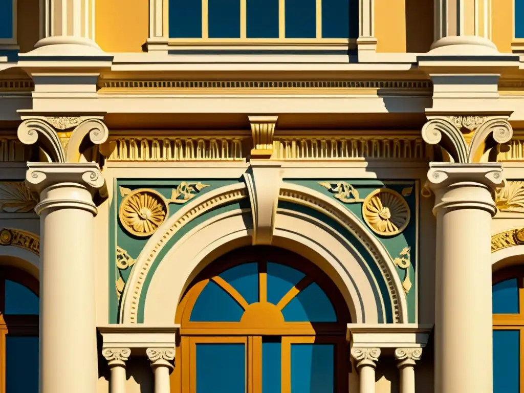 Fachada renacentista: detallada elegancia y grandiosidad Detallada fachada renacentista con patrones arquitectura clásica, columnas corintias, arcos y molduras decorativas, bañada en cálida luz solar