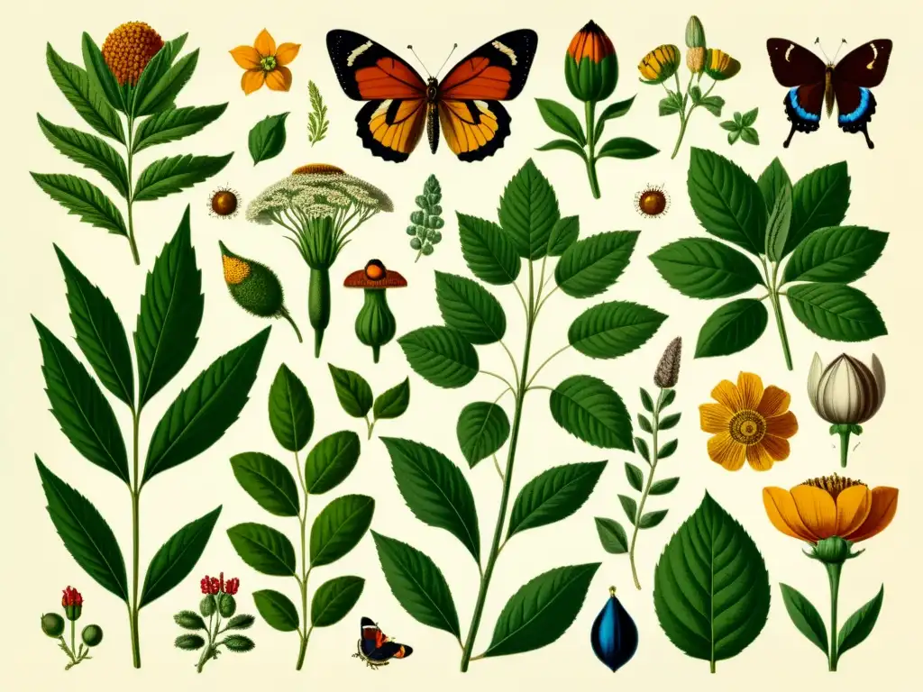 Una ilustración vintage detallada de flora y fauna europea, en tonos cálidos y delicados detalles