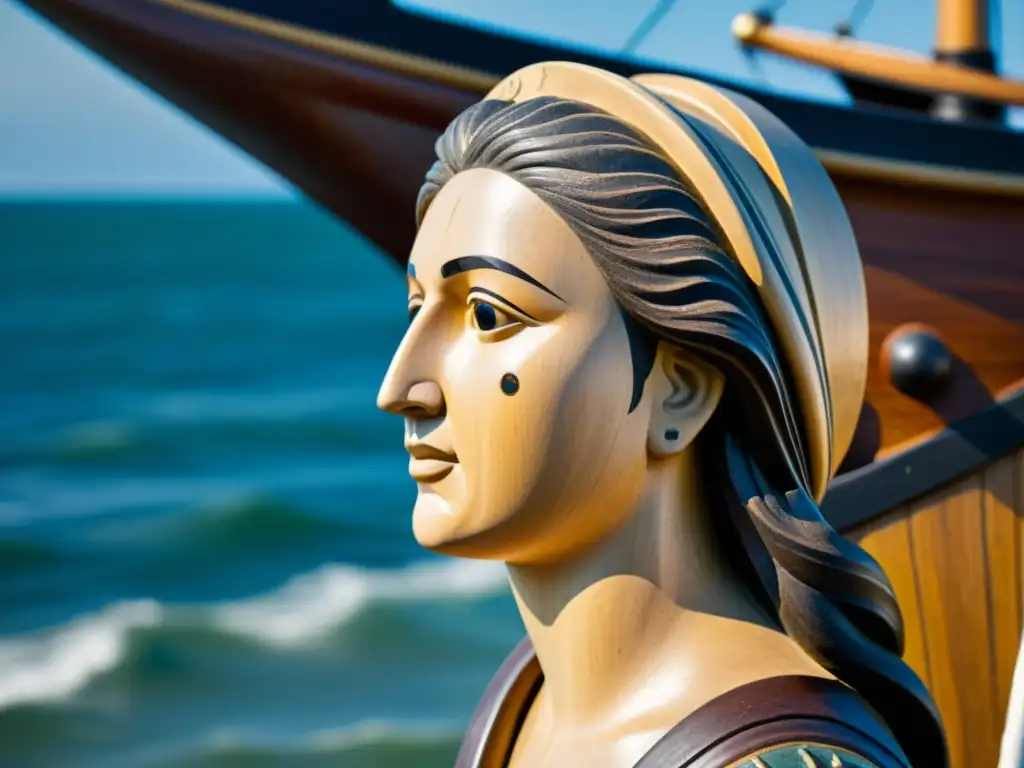 Figura de proa de barco tallada: espíritu aventurero Detallada figura de proa de madera con patrones artísticos en carpintería náutica, mostrando el espíritu aventurero del mar