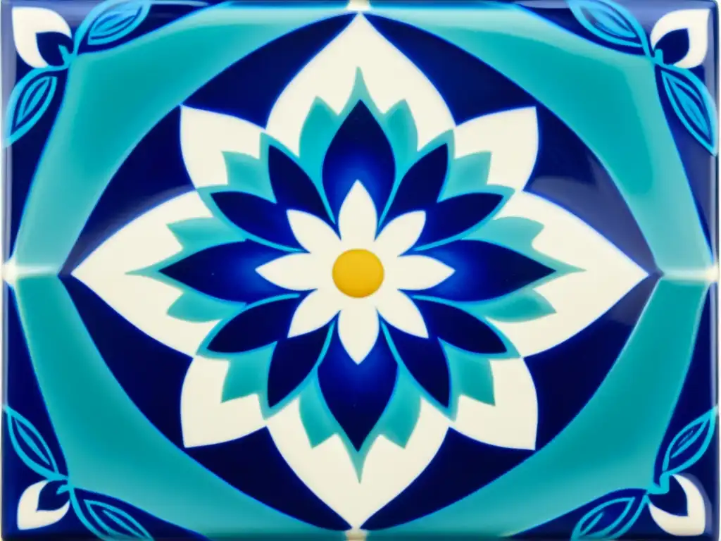 Detallada foto de azulejo pintado a mano con patrones artísticos en azul cobalto, turquesa y blanco, reflejando luz ambiental