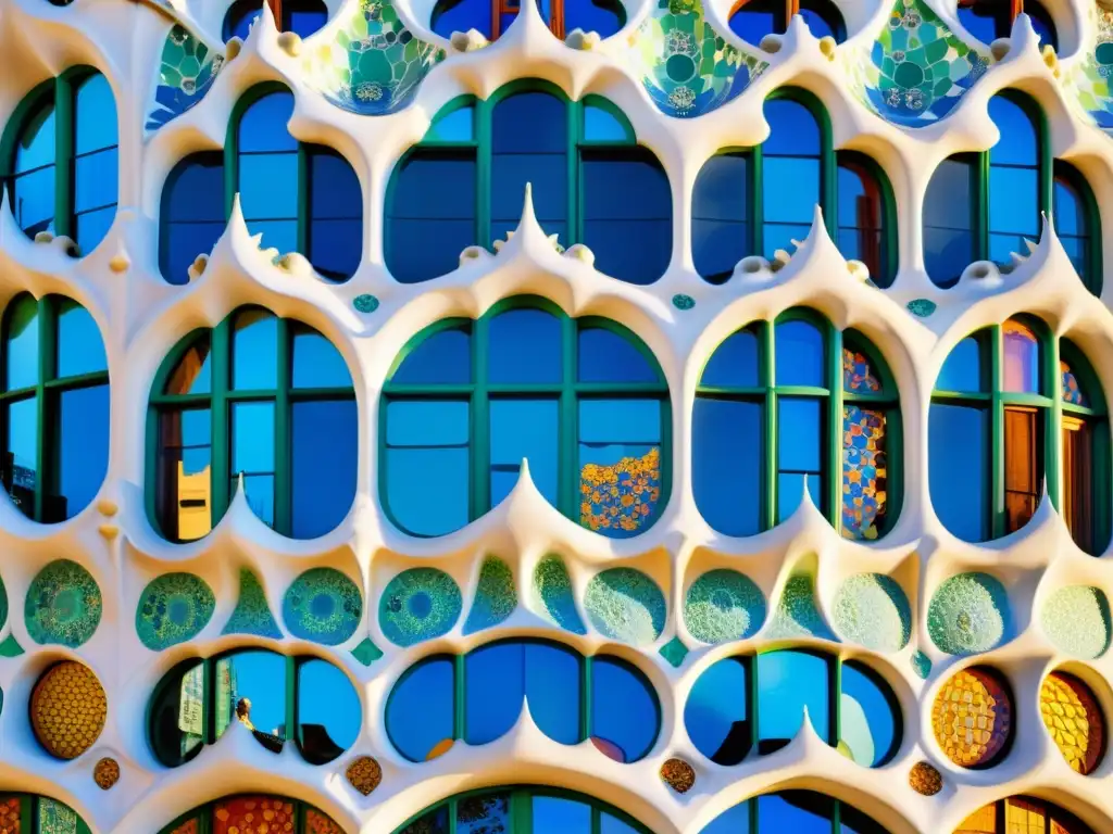 Detallada foto de los patrones geométricos en el Modernismo catalán de Casa Batlló, Barcelona, con tonos vibrantes y formas orgánicas