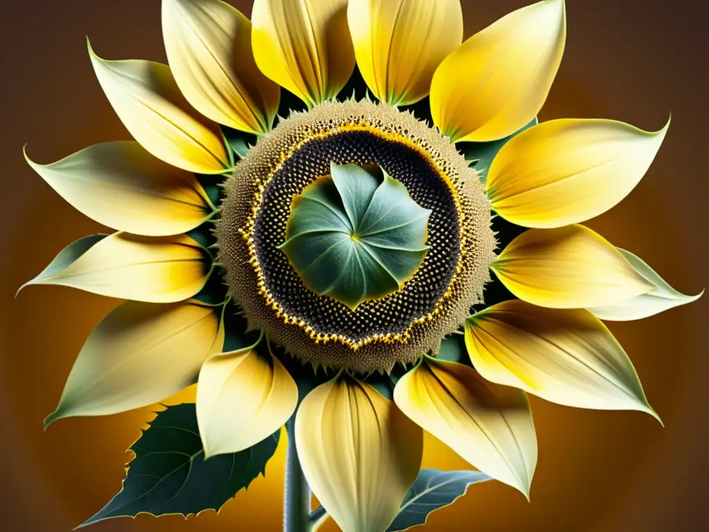 Sunflower: Patrón Fractal Hipnótico en Alta Resolución Detallada geometría fractal en pétalos de flores, con semillas espirales en un girasol vibrante y cálido