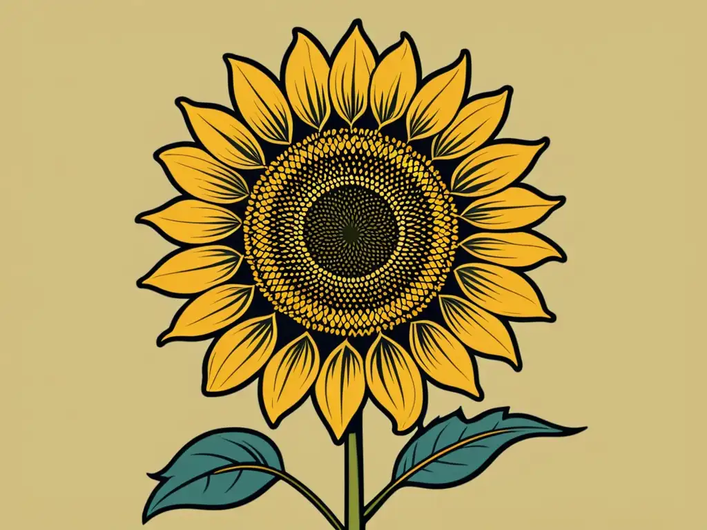 Una detallada ilustración vintage de un girasol en flor, destacando los patrones intrincados de sus semillas y la delicada curvatura de sus pétalos