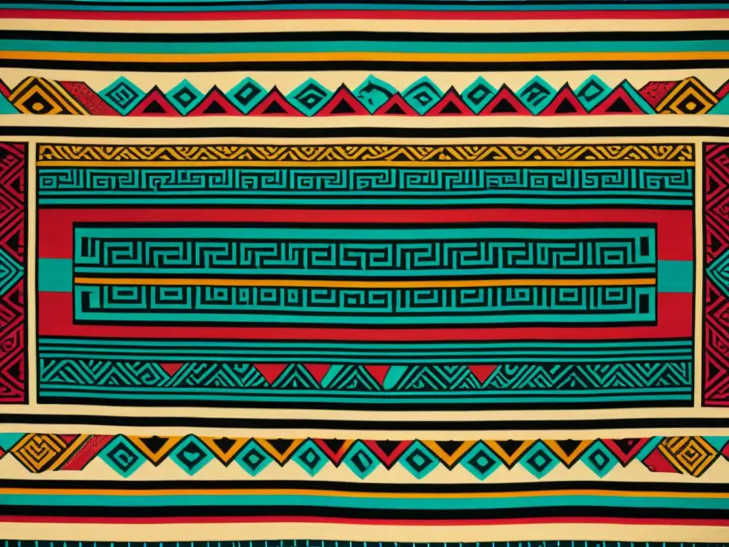 Una detallada imagen en 8k de un antiguo textil maya, con patrones geométricos intrincados y colores vibrantes