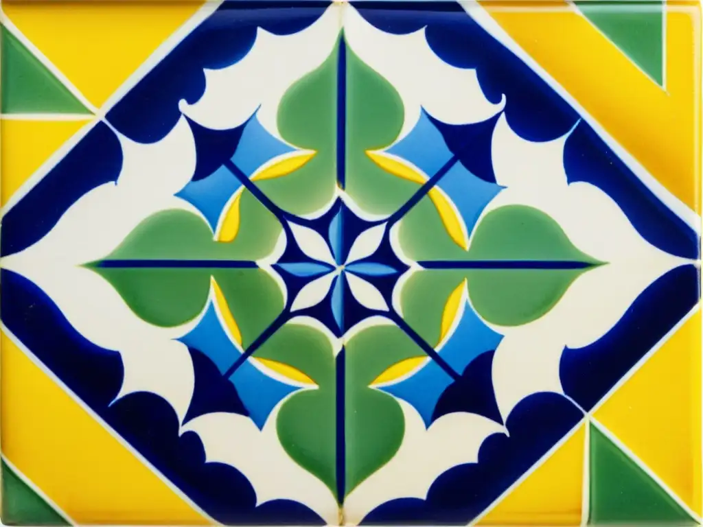 Detallada imagen de azulejo portugués con diseño geométrico, pintado a mano en tonos vibrantes de azul, amarillo y verde