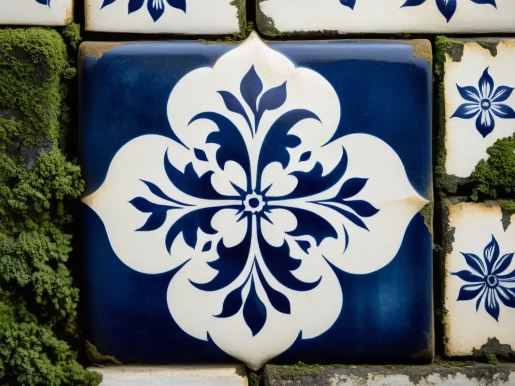 Una detallada imagen de un azulejo vintage con patrones florales azules y blancos, contra una pared de piedra envejecida