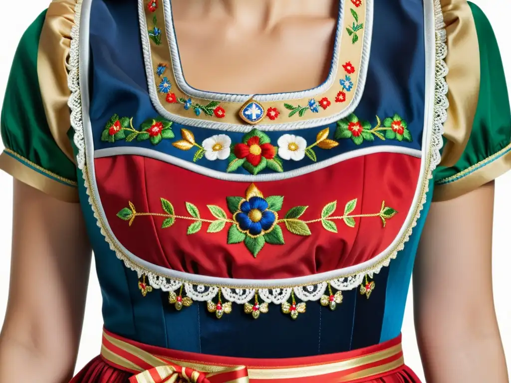 Detallada imagen de un dirndl bávaro con patrones artísticos, evocando elegancia y tradición en trajes típicos de Baviera