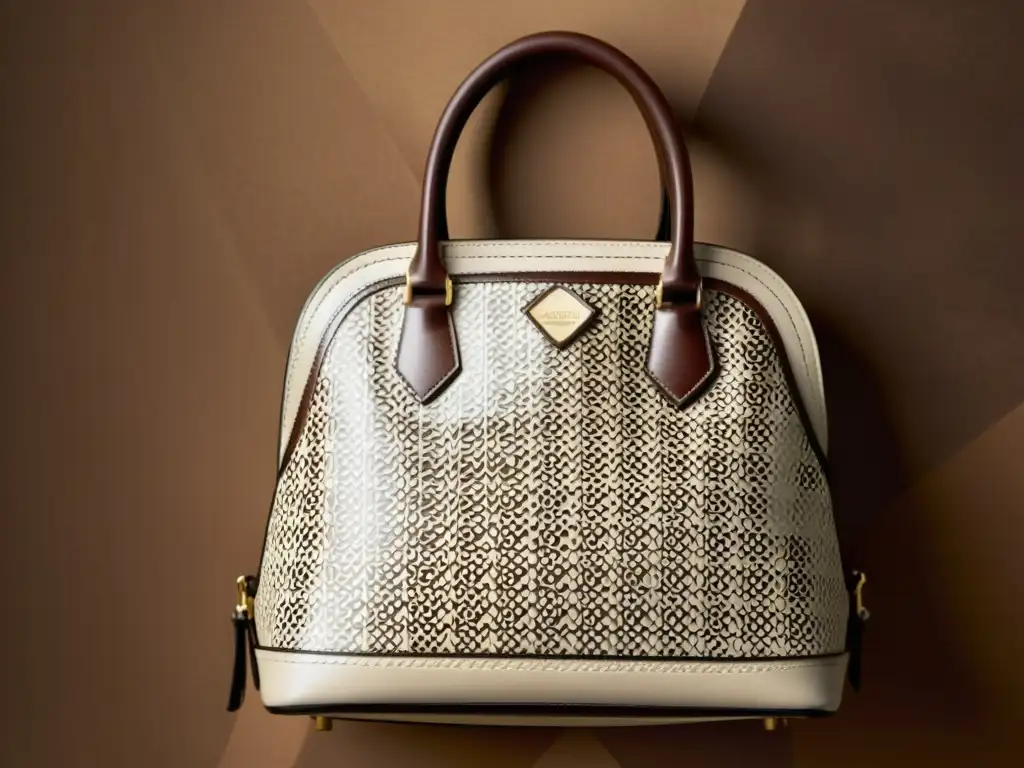 Exquisita cartera vintage con patrones arquitectónicos Detallada imagen de bolso vintage con patrones arquitectónicos en cuero, resaltando elegancia y fusión con moda moderna