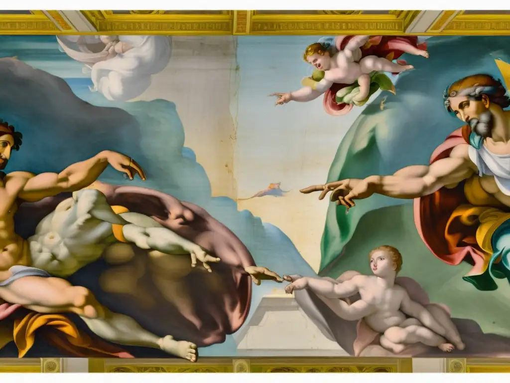 Detalles ultradetallados: La Creación de Adán de Miguel Ángel en 8k Detallada imagen 8k de 'La Creación de Adán' de Miguel Ángel, con influencia de patrones renacentistas en diseño contemporáneo