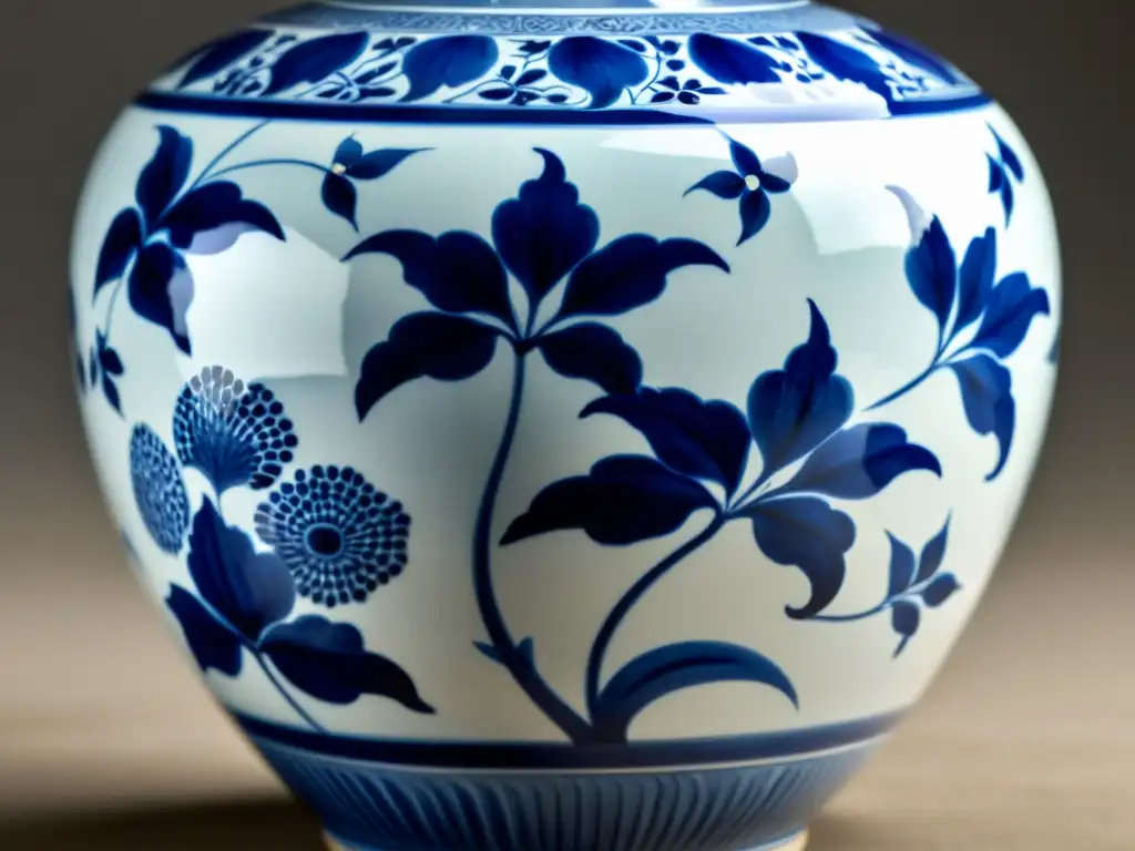 Detallada imagen de un delicado jarrón de porcelana de la dinastía Ming, con motivos florales azules y blancos