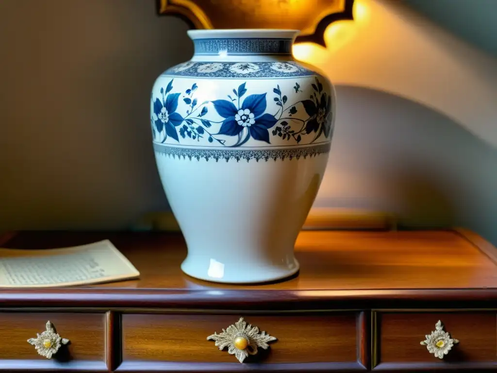 Vaso de porcelana antiguo: belleza envejecida Detallada imagen de un exquisito jarrón de porcelana envejecido con patrones florales, mostrando finas grietas y desgaste, iluminado con un cálido y rico ambiente vintage