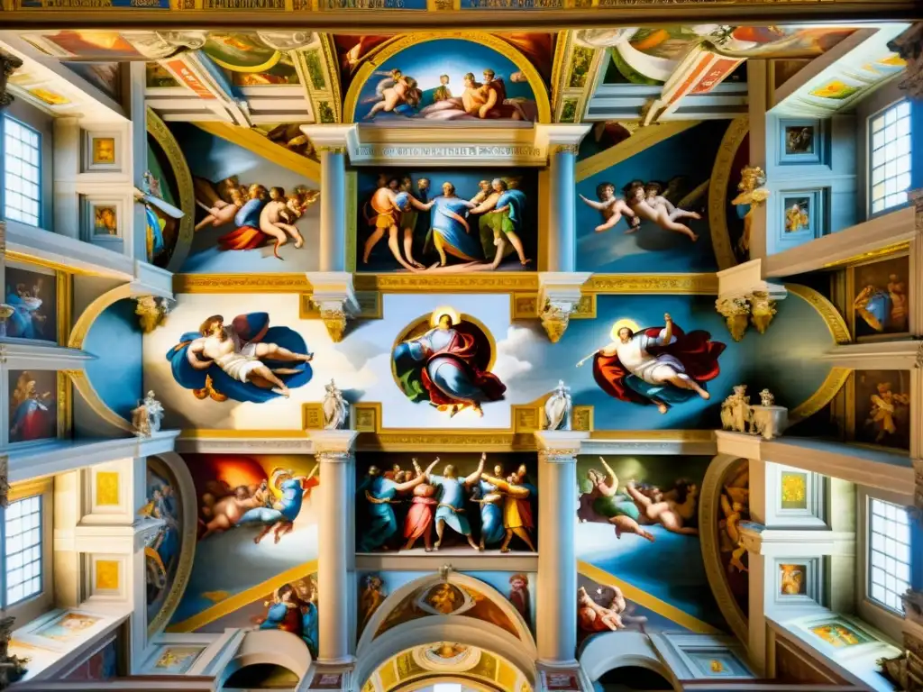 Detallada imagen del fresco del techo de la Capilla Sixtina, destacando los Patrones artísticos Renacimiento italiano y la vibrante paleta de colores