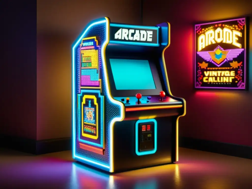 Detallada imagen 8k de un gabinete de arcade vintage con diseños gráficos, patrones vibrantes y cultura de juego