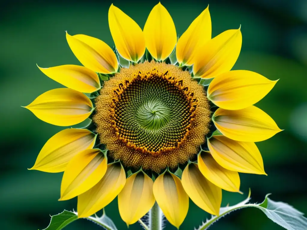 Detallada imagen 8k de un girasol, con secuencia numérica Fibonacci en flora, destacando su belleza matemática y natural