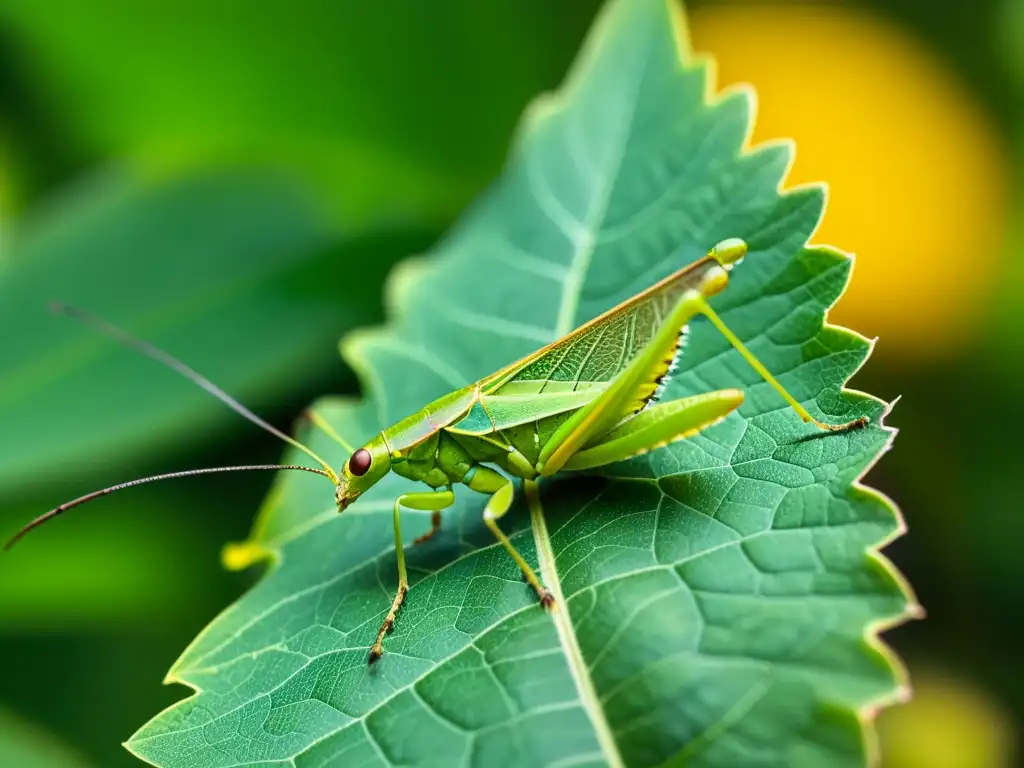 Detallada imagen 8k de un insecto imitando una hoja en su entorno verde, con patrones artísticos en la naturaleza