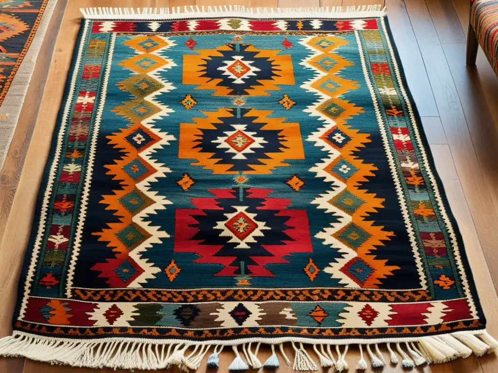 Detallada imagen de un kilim turco vintage, con patrones geométricos vibrantes y tonos terrosos