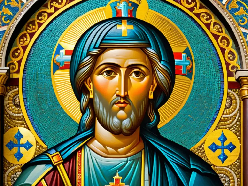 Mosaico bizantino: Patrón religioso en alta resolución Una detallada imagen de un mosaico bizantino con patrones religiosos, colores vibrantes y un aura de significado histórico