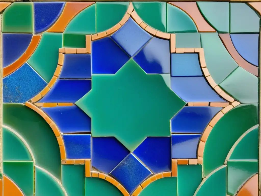 Detallada imagen de panel de mosaico zellige artesanal, con historia en azulejos marroquíes y vibrantes colores cobalto, esmeralda y terracota