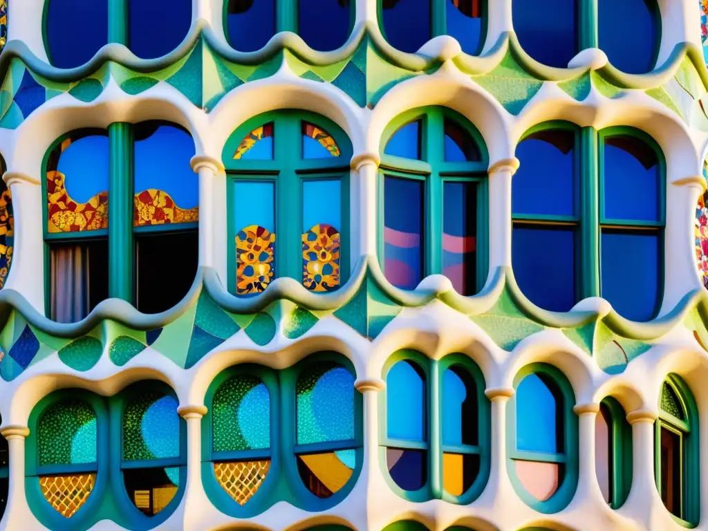 Detallada imagen de los patrones geométricos y colores vibrantes en la fachada de Casa Batlló, reflejo del Modernismo catalán en Barcelona