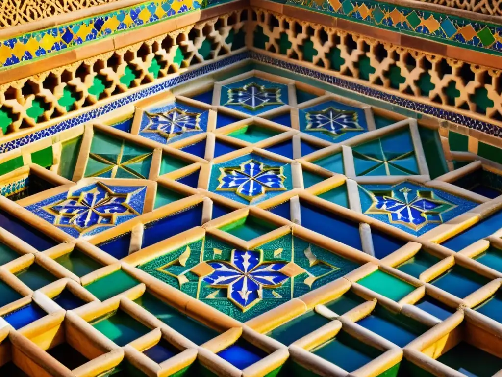 Detallada imagen de los patrones islámicos en arte mudéjar, reflejando la riqueza cultural y la historia en la Alhambra de Granada, España