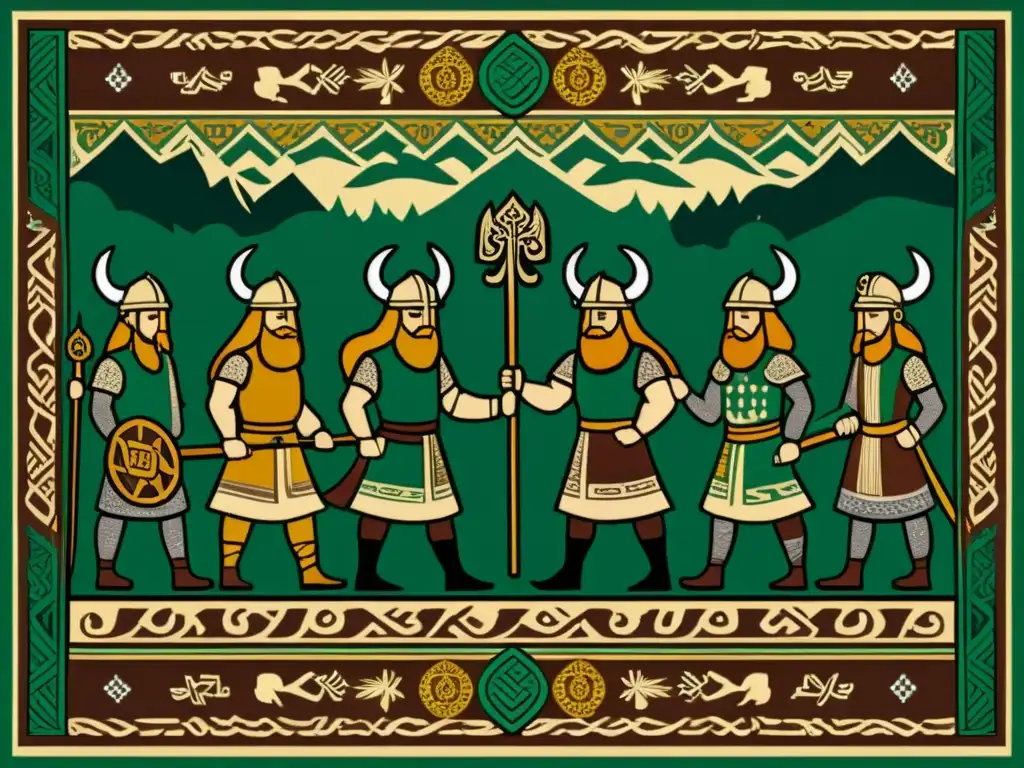 Una detallada imagen de un tapiz vikingo vintage con patrones artísticos en la vestimenta vikinga, evocando riqueza histórica y arte cultural