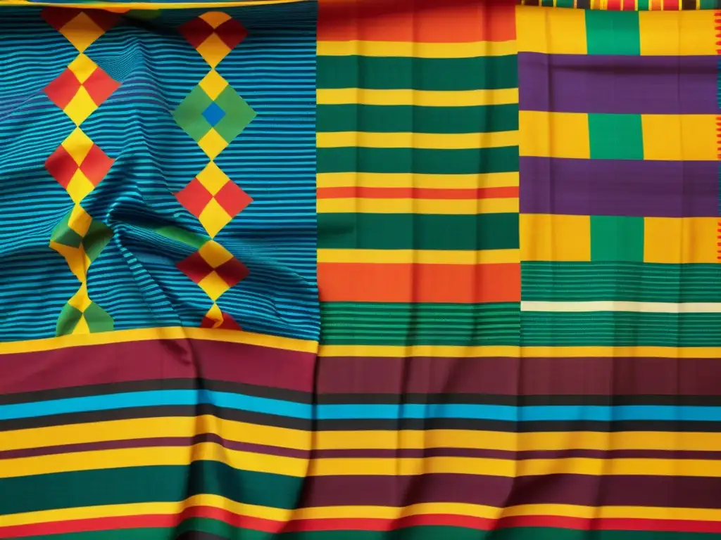 Detallada imagen de un tejido Kente, resaltando sus ricos colores y patrones