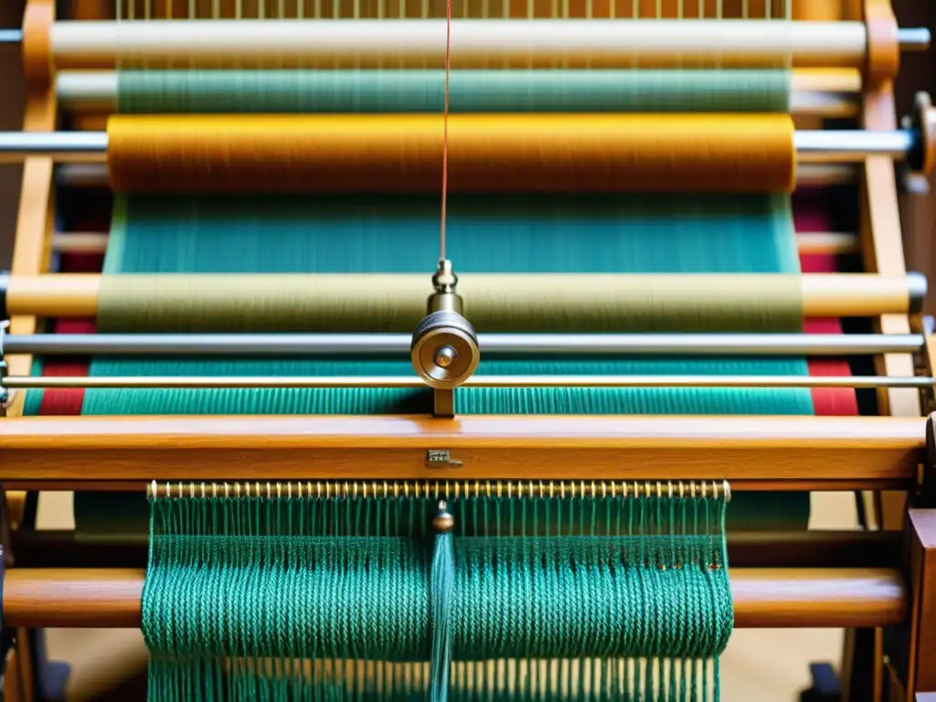 Detallada imagen de un telar antiguo con patrones artísticos y coloridos