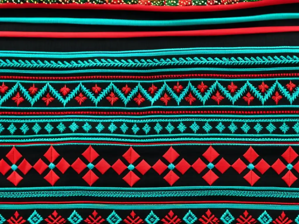 Detallada imagen de un textil ucraniano bordado ancestral con motivos geométricos y florales en rojo y negro