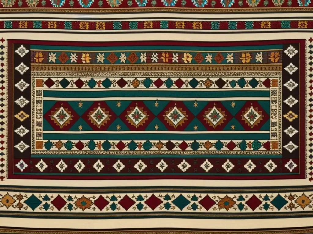 Detallada imagen de un textil vintage con patrones geométricos en el Eid al-Fitr, evocando elegancia cultural en tonos terrosos