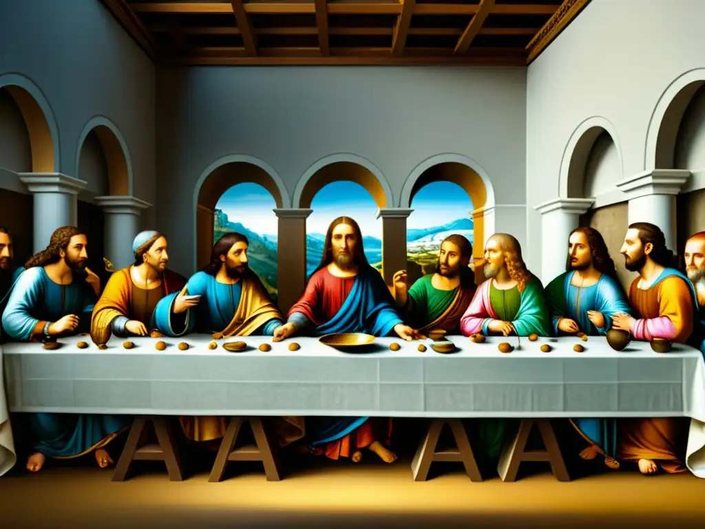 Una detallada imagen de 'La Última Cena' de Leonardo da Vinci, con patrones artísticos renacentistas italianos y ricos colores