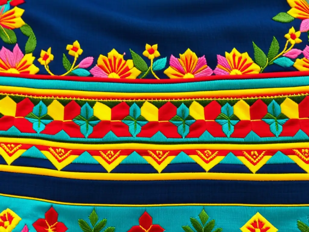 Detallada imagen de un vibrante textil mexicano bordado a mano, con patrones florales y diseños geométricos en colores audaces