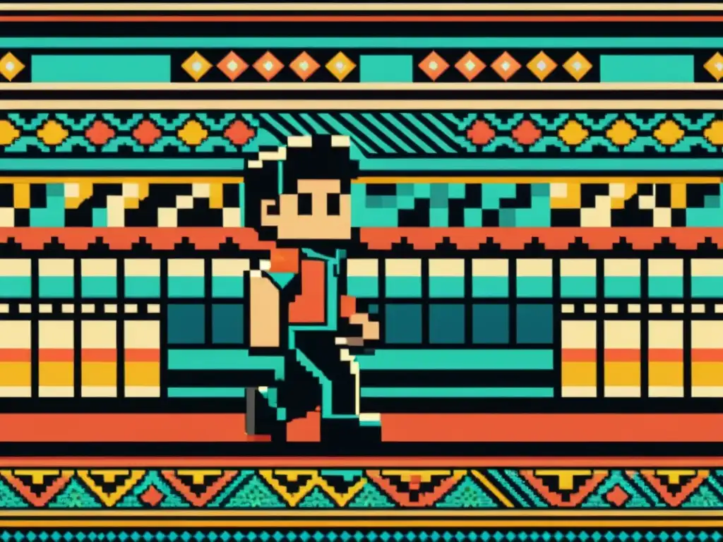 Detallada imagen vintage 8k de personaje pixelado en entorno de videojuego, destacando patrones artísticos en videojuegos