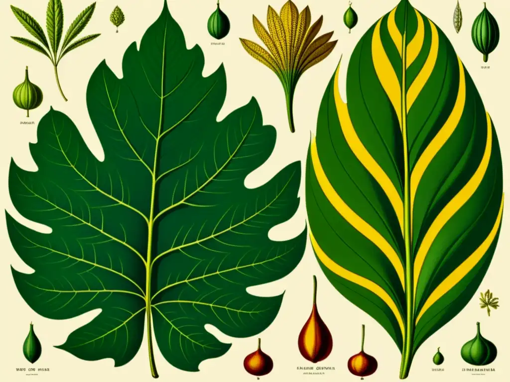 Detallada ilustración botánica vintage que muestra la importancia de patrones en biodiversidad, con delicadas venas de una hoja y cálidos colores