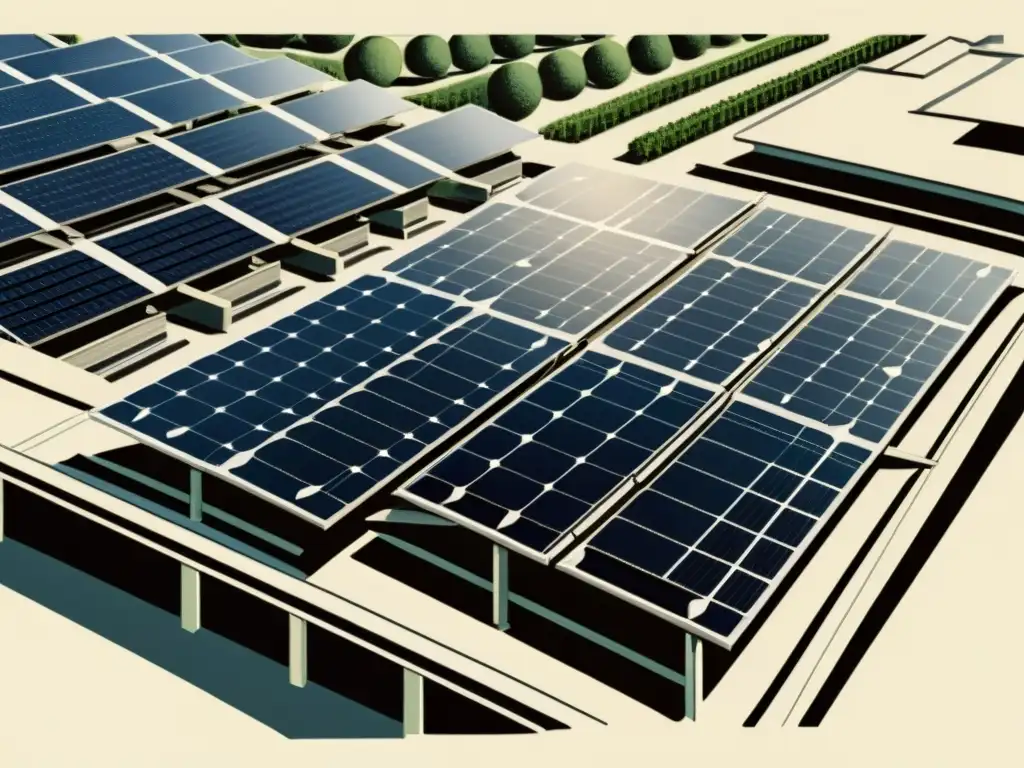 Una detallada ilustración vintage de integración de patrones fotovoltaicos en arquitectura, con elegante diseño y cuidado técnico