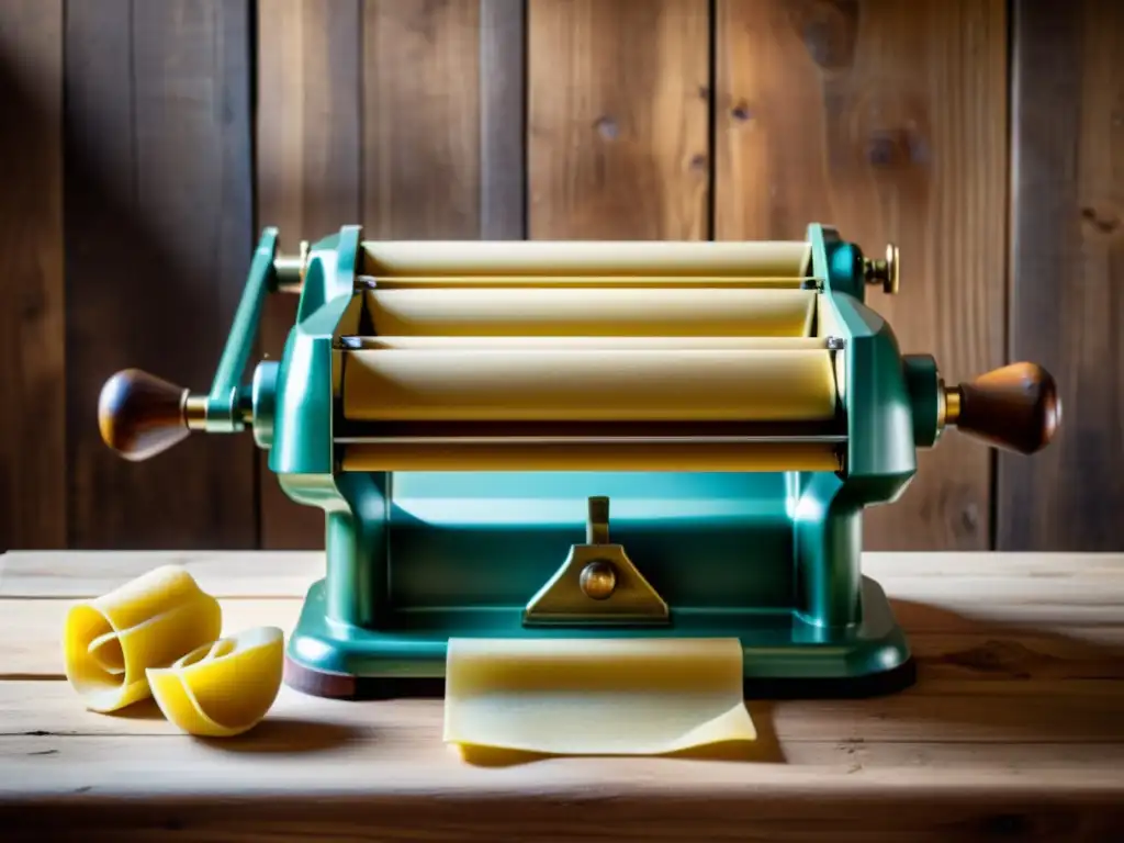 Detallada máquina italiana de pasta con rodillos de bronce y mangos de madera, sobre una mesa rústica