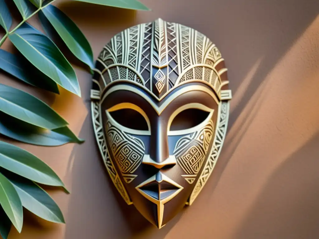 Máscara tribal africana: fusión artesanal y tecnología 3D Detallada impresión 3D de máscara tribal africana con patrones y tonos cálidos, fusionando arte tradicional con tecnología moderna