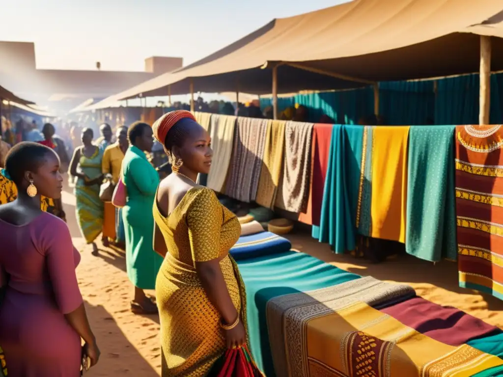 Una fotografía detallada de un mercado de textiles africanos, con vibrantes patrones y una atmósfera cultural