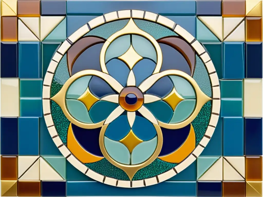 Detallada composición y diseño de mosaicos artísticos en tonos terrosos, azules intensos y toques de oro, creando una obra visualmente impresionante