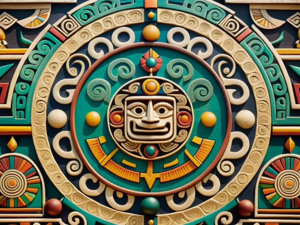 Detallada reconstrucción de mural maya con patrones artísticos de culturas antiguas, criaturas míticas y colores vibrantes