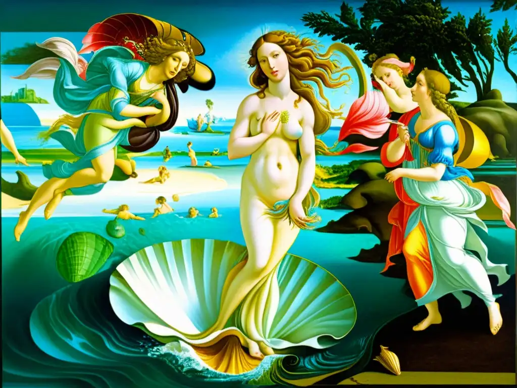 Venus en la Concha: Detalle Renacentista Una detallada representación en 8k de 'El nacimiento de Venus' de Sandro Botticelli, muestra la influencia de la Antigüedad en la Belleza
