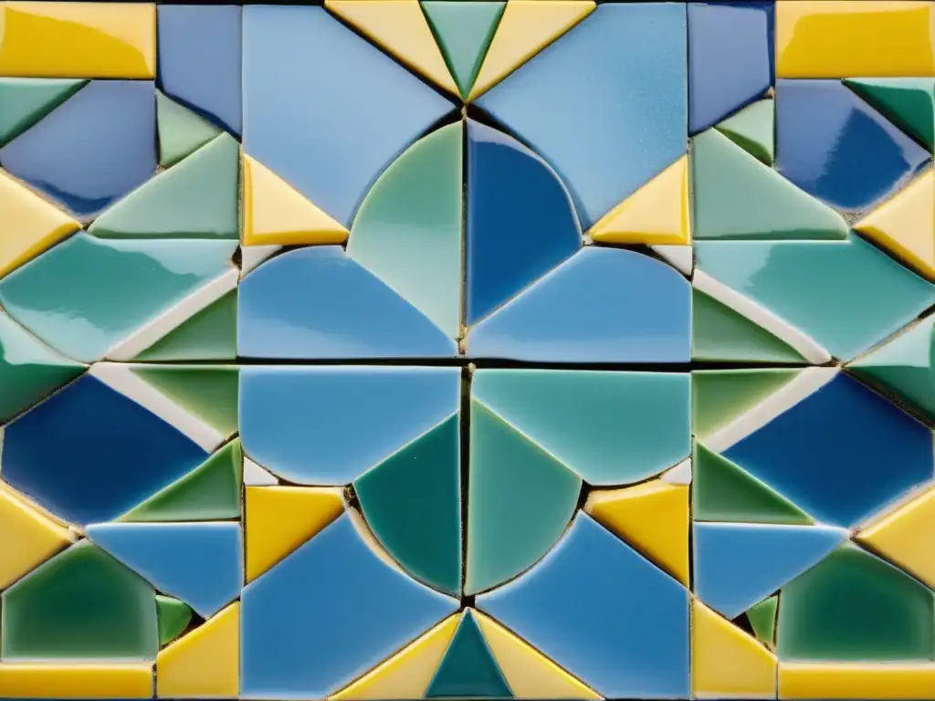 Detallada narrativa visual cerámica marroquí: mosaico zellige con patrones geométricos en tonos de azul, verde y amarillo