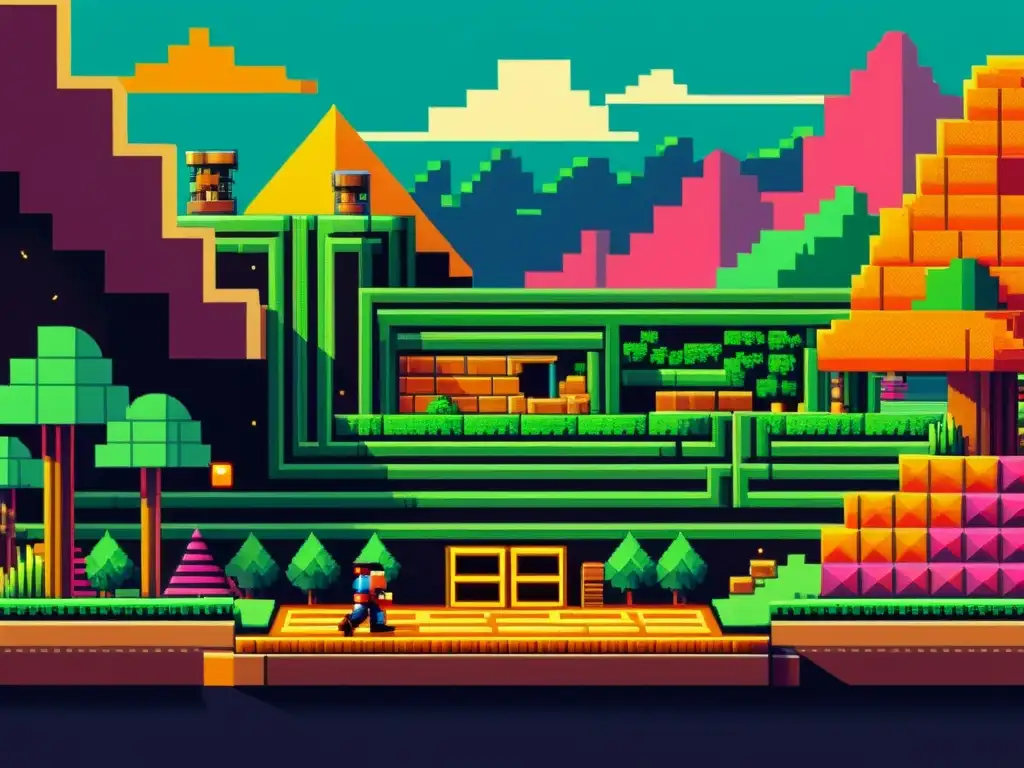 Ilustración detallada de un nivel de videojuego retro con patrones matemáticos en 8k, colores vibrantes y estética 8 bits