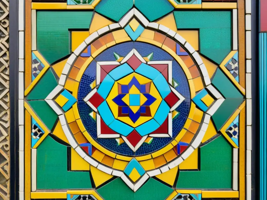 Detallada obra de arte en mosaico vintage que representa el intercambio de patrones artísticos culturales, con diseños intrincados y colores vibrantes que fusionan influencias de diferentes culturas